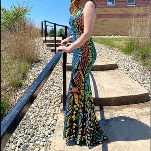 FITTED SEQUIN CHROME PROM DRESS WITH TRAIN (WORN ONCE)